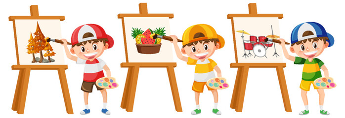 Boys painting on canvas cartoon