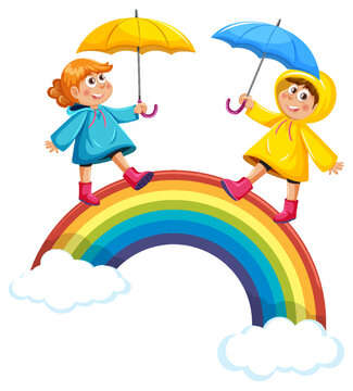 Children walking on rainbow in the sky