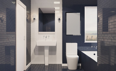 Clean and fresh bathroom with natural light. 3D rendering.. Mockup.   Empty paintings