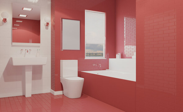 Scandinavian bathroom, classic  vintage interior design. 3D rendering.. Mockup.   Empty paintings
