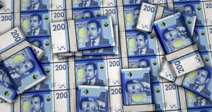 Morocco money Moroccan Dirham banknotes 3d animation. Camera view from close to long distance. MAD money packs. Concept of inflation, economy, crisis, business, banking, debt and finance.