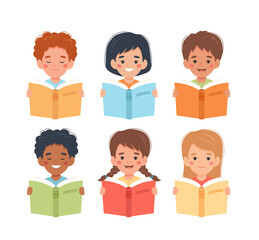 Children reading books, little boys and girls of different nationalities. Vector illustration in flat cartoon style