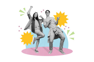 Photo artwork minimal picture of happy smiling guy lady having fun colorful dance hall isolated...