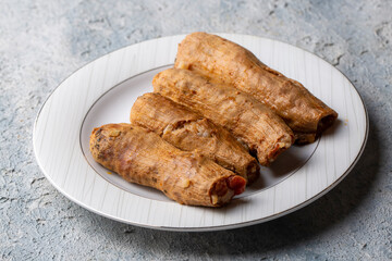 Traditional delicious Turkish cuisine, Turkish dishes; dried stuffed zucchini (Turkish name; Kuru kabak dolmasi)