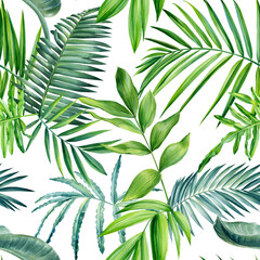 Tropical palm leaves, watercolor illustration, botanical painting, Seamless pattern, digital paper