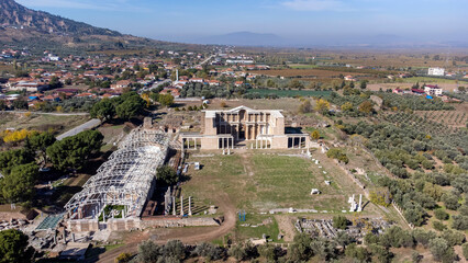Aerial view with drone; Sardes (Sardis) Ancient City which has gymnasium and synagogue ruins and...