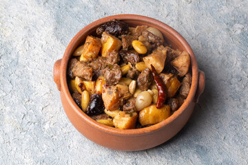Traditional delicious Turkish foods; Quince and plum lamb stew, lamb tandoori (Turkish name; Ayvali - erikli kuzu guvec - kuzu tandir