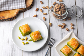 Traditional delicious Turkish dessert; pistachio baklava (Turkish name; kuru baklava)