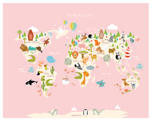 Print. Map of the world with cartoon animals for kids. Eurasia, South America, North America, Australia and Africa.

