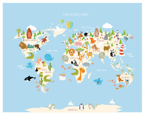 Print. Map of the world with cartoon animals for kids. Eurasia, South America, North America, Australia and Africa.- 524438985