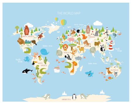 Print. Map of the world with cartoon animals for kids. Eurasia, South America, North America, Australia and Africa.© olga