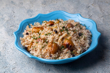 Traditional delicious Turkish food; chestnut rice pilaf (Turkish name; kestaneli pilav)