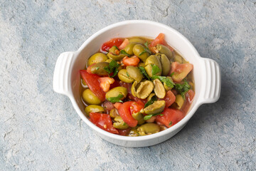 Gourmet flavors from traditional Turkish cuisine; green olive salad (Turkish name; Kirma yesil zeytin salatasi) A flavor belonging to the Turkey - Antakya region.
