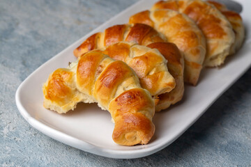 Traditional delicious Turkish food; cheese croissant pastry (Turkish name; pamuk pogaca, serit pogaca)