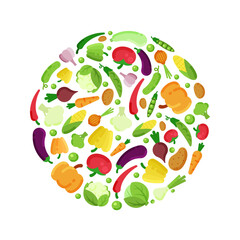 vegetables. delicious natural healthy food in circle shape. Vector design template with vegetables pictures set