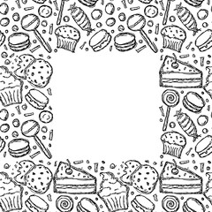 Seamless sweets frame with place for text. Sweets and candy background. Doodle vector illustration with sweets and candy icons