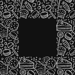 Black and white Seamless candy frame with place for text. Sweets and candy background. Doodle vector illustration with sweets and candy icons