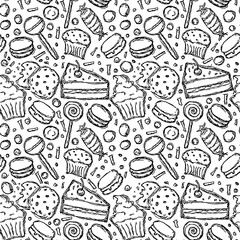 Black and white Seamless candy pattern. Sweets and candy background. Doodle vector illustration with sweets and candy icons