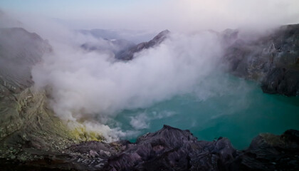 the beauty of the Ijen crater in the morning. Banyuwangi, East Java, Indonesia