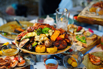 a plate of grilled vegetables. vegetable kebab. simple and delicious food.