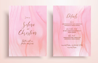 Wedding invitation art painting in alcohol ink technique. Fluid light texture with flows and lines waves. Designed for wall art, card and wedding decoration. Soft background with pastel pink color.