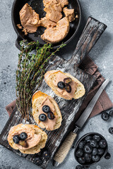Toast with Foie gras pate and fresh blueberry on wooden board. Gray background. Top view