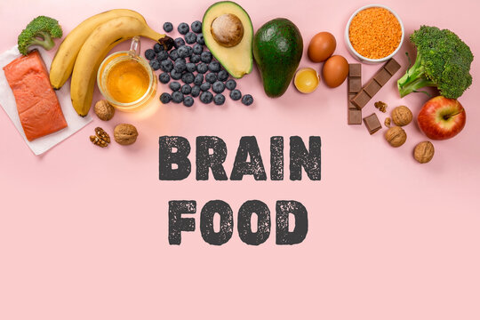 Best foods for brain and memory on pink background. Food for mind and charge of energy. Healthy lifestyle. Copy space. Top view. Mind diet
