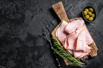 Fotobehang Pork ham slices on cutting board, Italian Prosciutto cotto. Black background. Top view. Copy space © Vladimir
