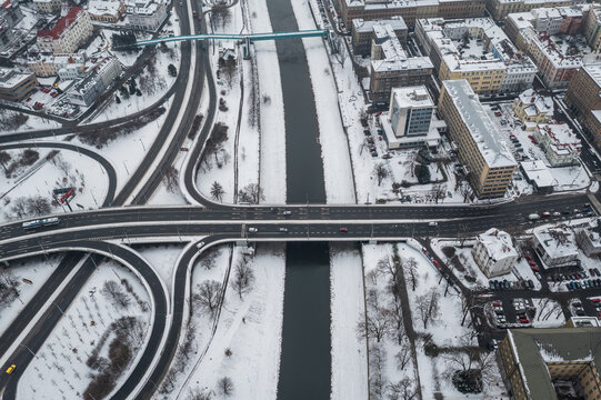 Drone photo of Pioneers Bridge over Ostravice River in Ostrava city in Czech Republic