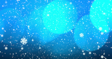Image of snowflakes falling and spot lights on blue background