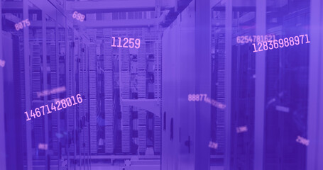 Image of pink numbers changing over tech room with computer servers