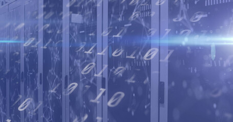 Image of binary coding numbers changing over tech room with computer servers