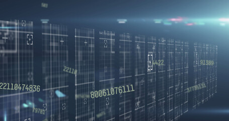 Image of numbers changing with light trails over tech room with computer servers