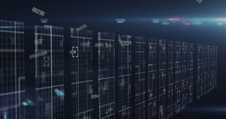Image of numbers changing with light trails over tech room with computer servers
