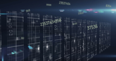 Image of numbers changing with light trails over tech room with computer servers