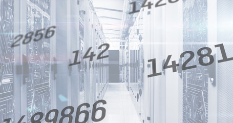 Image of numbers changing over tech room with computer servers