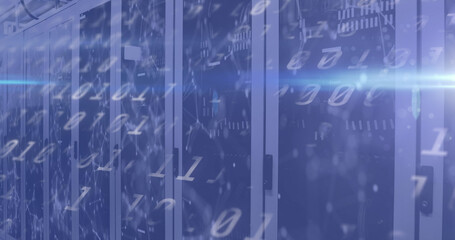 Image of binary coding numbers changing over tech room with computer servers