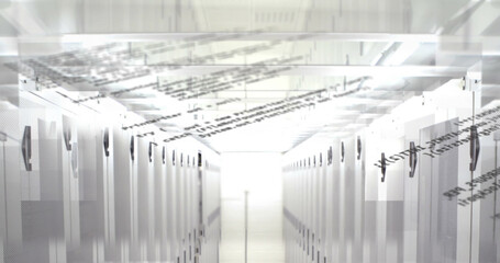 Image of data processing over tech room with computer servers