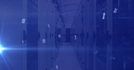 Image of numbers changing over tech room with computer servers