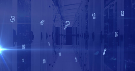 Image of numbers changing over tech room with computer servers