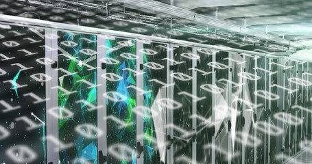 Image of binary coding over tech room with computer servers