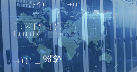 Multiple changing symbols and pulsating circles over world map against empty server room