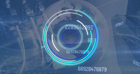 Image of digital interface showing circular scope and rising numbers with server network cables 