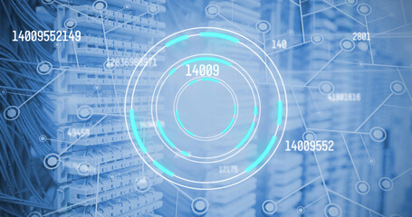 Multiple changing numbers over round scanner and network of connections against server room