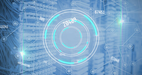 Multiple changing numbers over round scanner and network of connections against server room