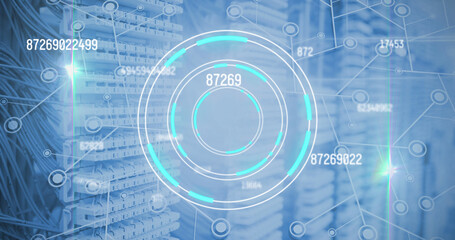Multiple changing numbers over round scanner and network of connections against server room