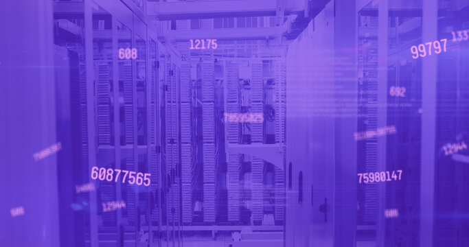 Image of pink numbers changing over tech room with computer servers - Powered by Adobe