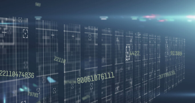 Image of numbers changing with light trails over tech room with computer servers
