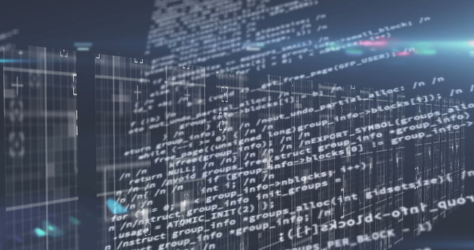 Image of numbers changing with light trails over tech room with computer servers