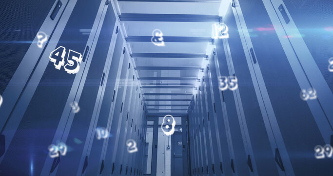 Image of numbers changing over tech room with computer servers